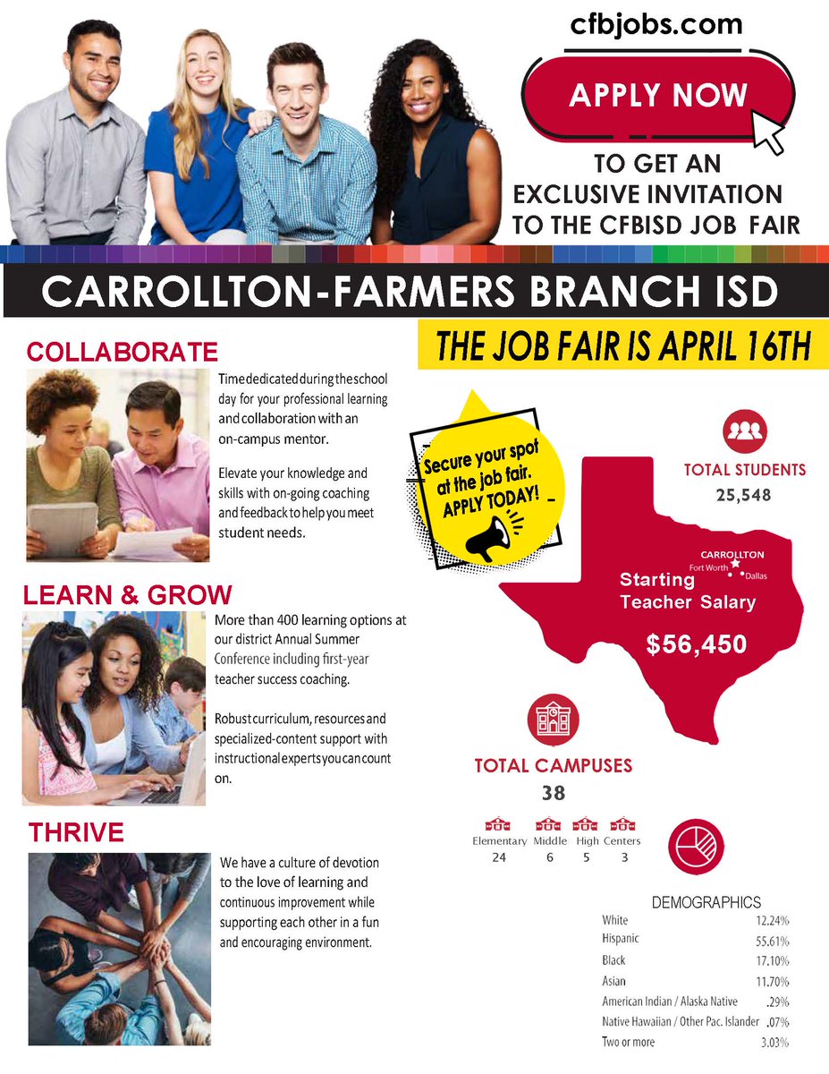 THIS FRIDAY: <a href="/CFBISD/">Carrollton-Farmers Branch ISD</a> hosts a virtual Teacher Fair from 2pm to 6pm CST. Apply at cfbjobs.com to get an invitation #teachUTA
