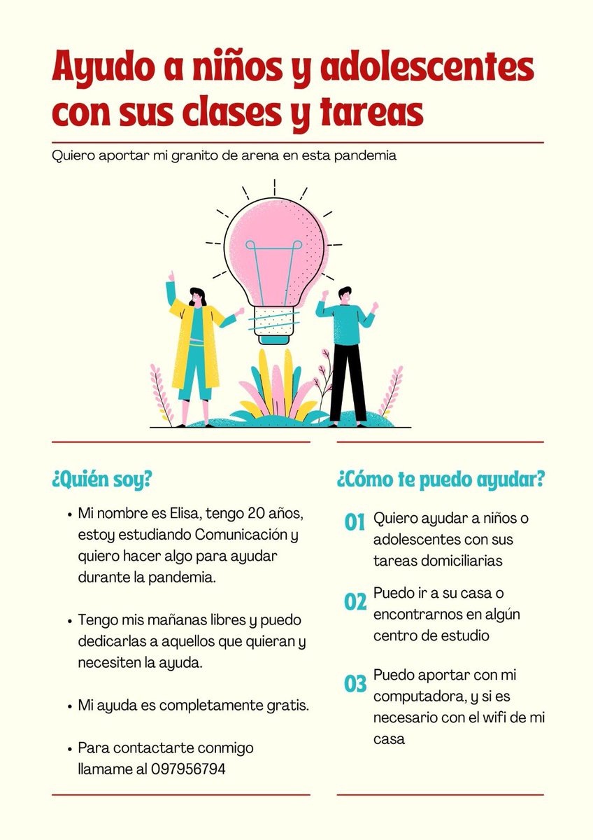 Hola!! Voy a estar en Nueva Helvecia por un tiempo y quiero aportar mi granito de arena en esta pandemia. 
Si conocés a alguien que necesite una mano con sus clases y deberes, no dudes en compartirle mis datos. Si quien lo necesita sos vos, llamame!
¡Compartirlo también ayuda!