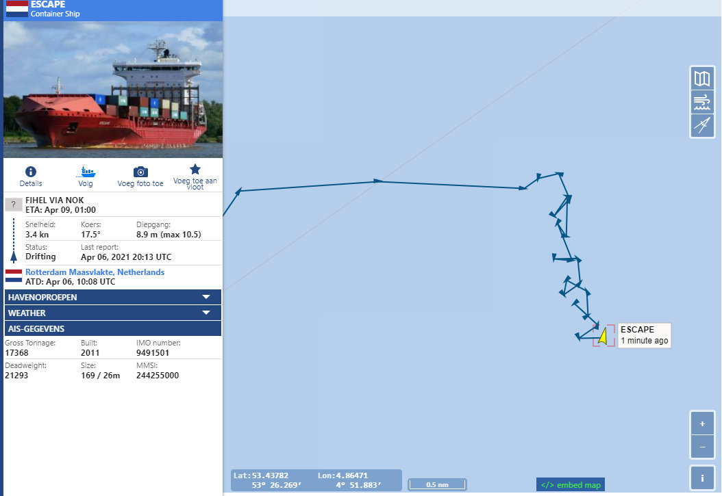 Container schip de Escape, stuur problemen boven Vlieland ?? 
Golfhoogte 4 m bij NNW 6 Bft, vannacht uitschieters naar 9 Bft