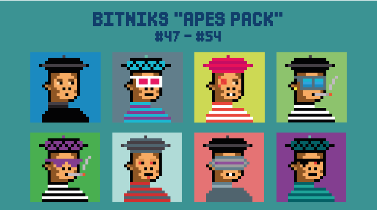 🙈🙉🙊
Bitniks "Apes Pack" is online - 0.02 Eth each
opensea.io/collection/bit…
#unofficialpunks #NFTs #NFT #pixelart