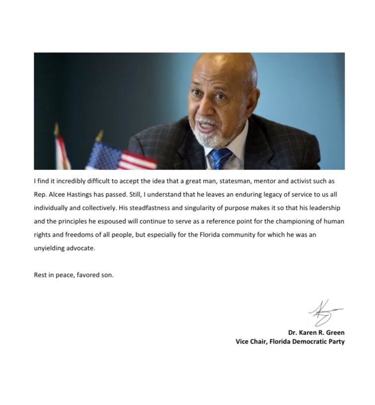 My statement of the passing of @RepHastingsFL, an exceptional public servant and leader.