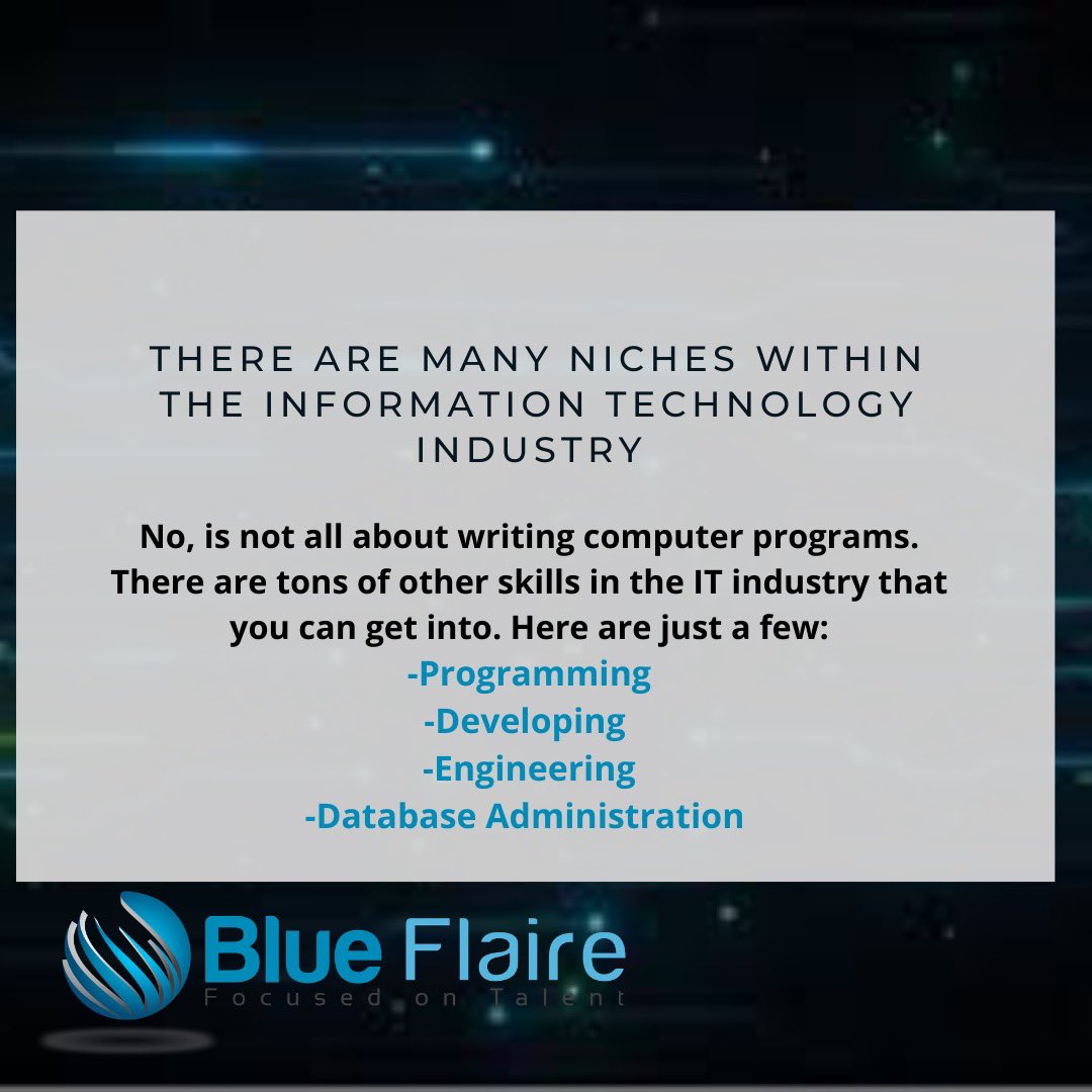 BFlaire's tweet photo. If coding doesn't excite you , you can get into app development or you could even design websites. #tiptuesday #techjobs #blueflaire https://t.co/h8ryeYUFPF
