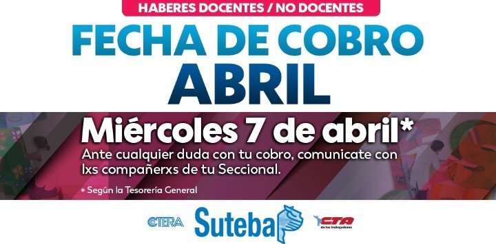 SUTEBAProvincia's tweet photo. #Importante #FechaDeCobro https://t.co/AheIrs2Pa4