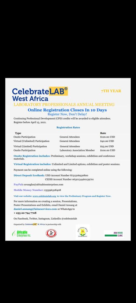 celebratelab's tweet photo. We are counting down to the only West Africa-wide event held during International Lab Week that focuses on the role of Lab Professionals in health outcomes. Have you registered yet? Online registration closes in 10 days! #laboratory #professionals #celebratelab #labweek https://t.co/oIvzsYtcXw