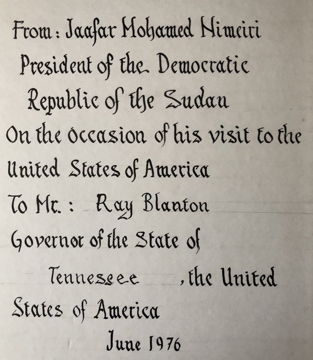jos_tucker's tweet photo. A relic of former Sudanese President Jaafar Nimeiri's 1976 trip to the US. As a Cold War ally, Nimeiri visited the US six times between 1976 and 1985 and met with Presidents Carter and Reagan. He was famously overthrown while returning to Sudan from his final trip. https://t.co/ypnuSu8l0s