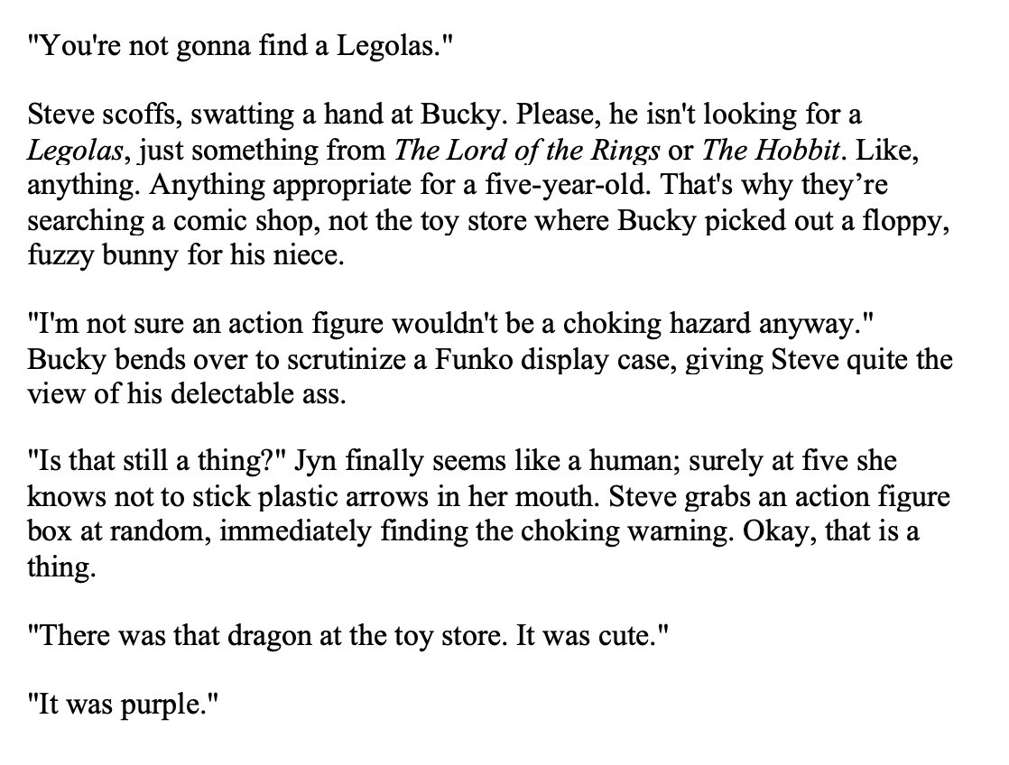 You may have thought I stopped doing these, but I did not. (Will also accept more prompts if you leave them.)From  @softestbuck "SteveBucky, toy store, please"I took a peek into the future of the LotR Nerds for this one. Totally not because they're on my mind for any reason.
