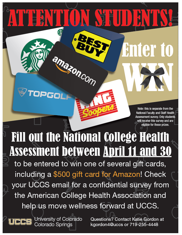 Fill out the National College Health Assessment and you will be entered to win one of several gift cards! 💲💲💲