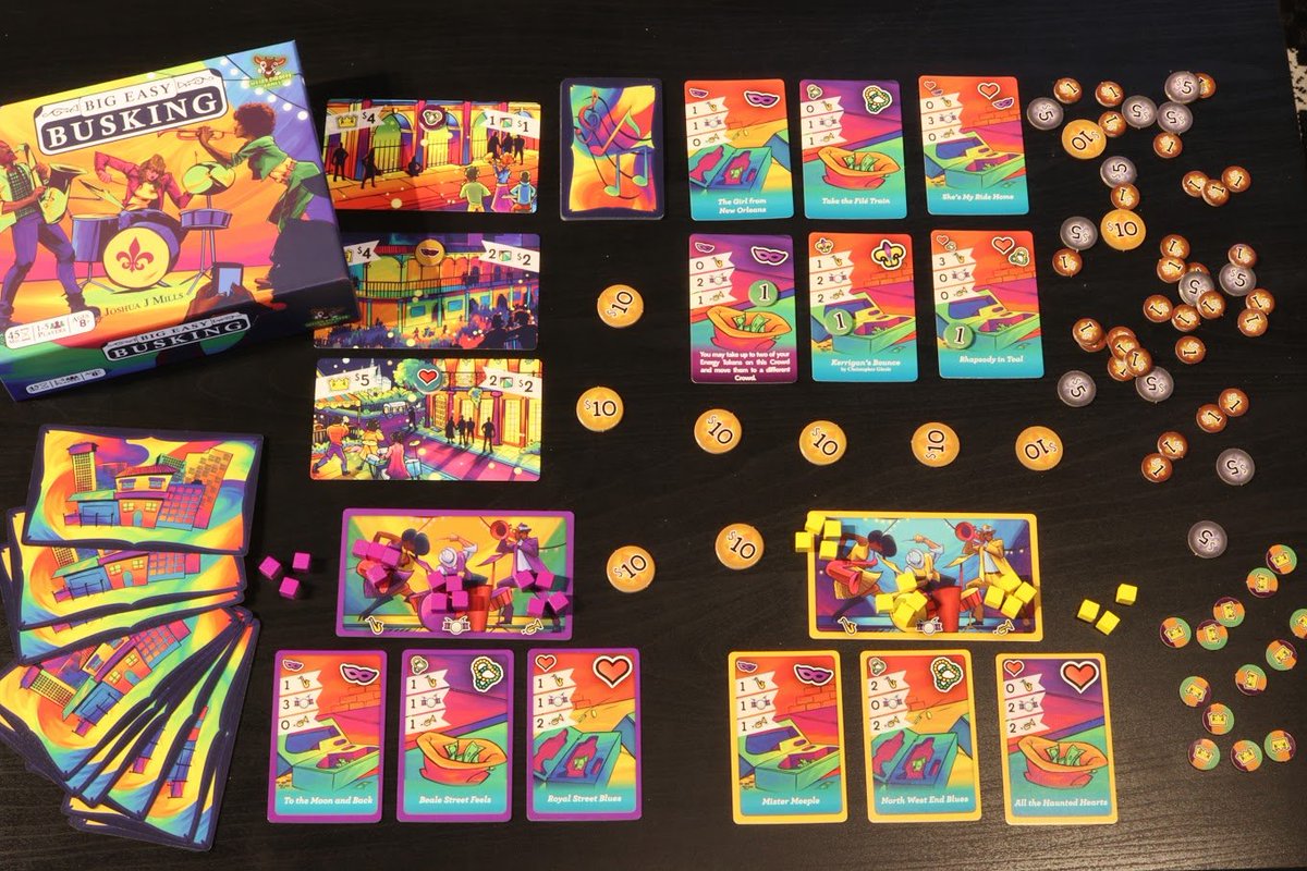 Big Easy Busking by <a href="/WeirdGiraffes/">Carla. Weird Giraffe Games. 🌈</a>!

Area control game for 1-4 over 3 rounds. 15/45min learn/play.

Play songs at New Orleans locations for money! Highest money wins after 3 rounds. Use band member points to place songs to which you try to win the location!

#boardgames #tabletop