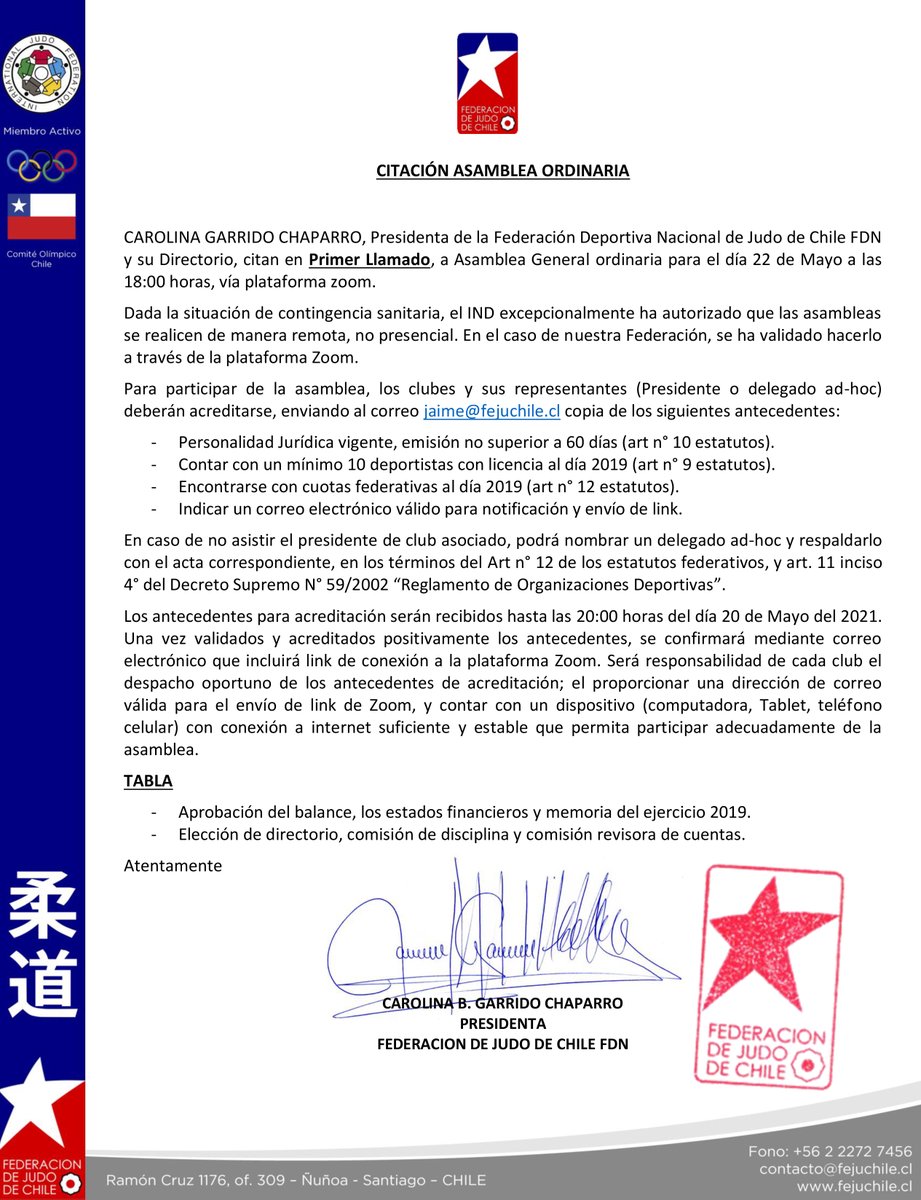 judochile's tweet photo. La Federación de Judo de Chile realizará elecciones para la renovación de su Directorio el día 22 de mayo a las 18 hrs. Vía Zoom. 
Revisa la publicación en Diario Oficial para estos efectos.
https://t.co/sFJx7jOhLR https://t.co/tc49k340aS