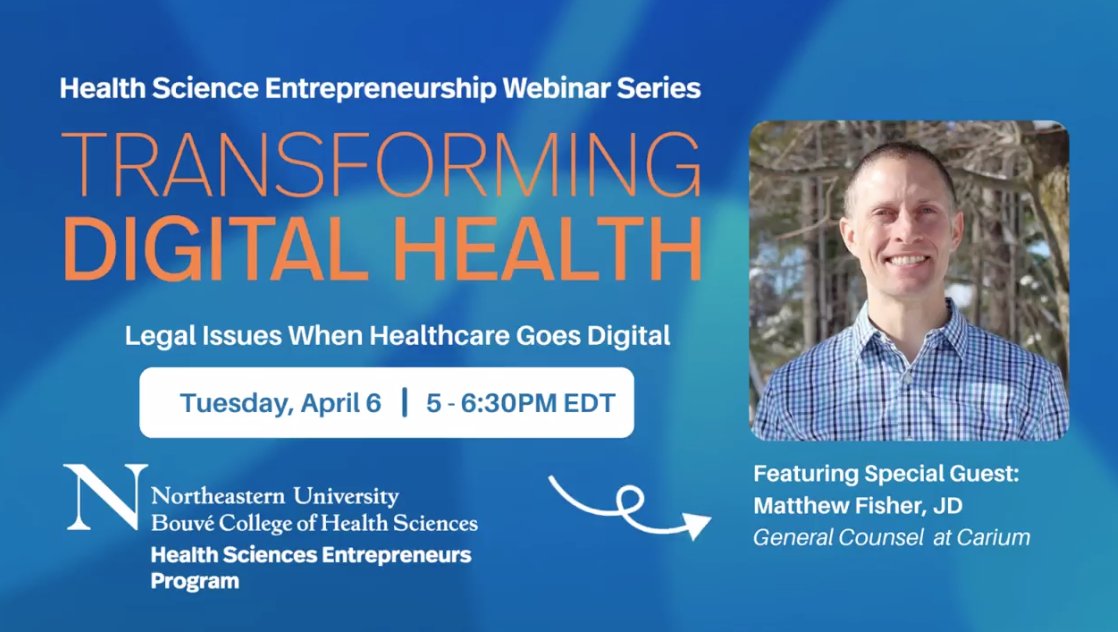 NU_HSE's tweet photo. Join us now! Matt Fisher, General Counsel at Carium leads us in a discussion on Legal issues when healthcare goes digital.  Tonight 5-6:30pm. https://t.co/DoqkLJ2Vt0 https://t.co/KH4vVckx6Z