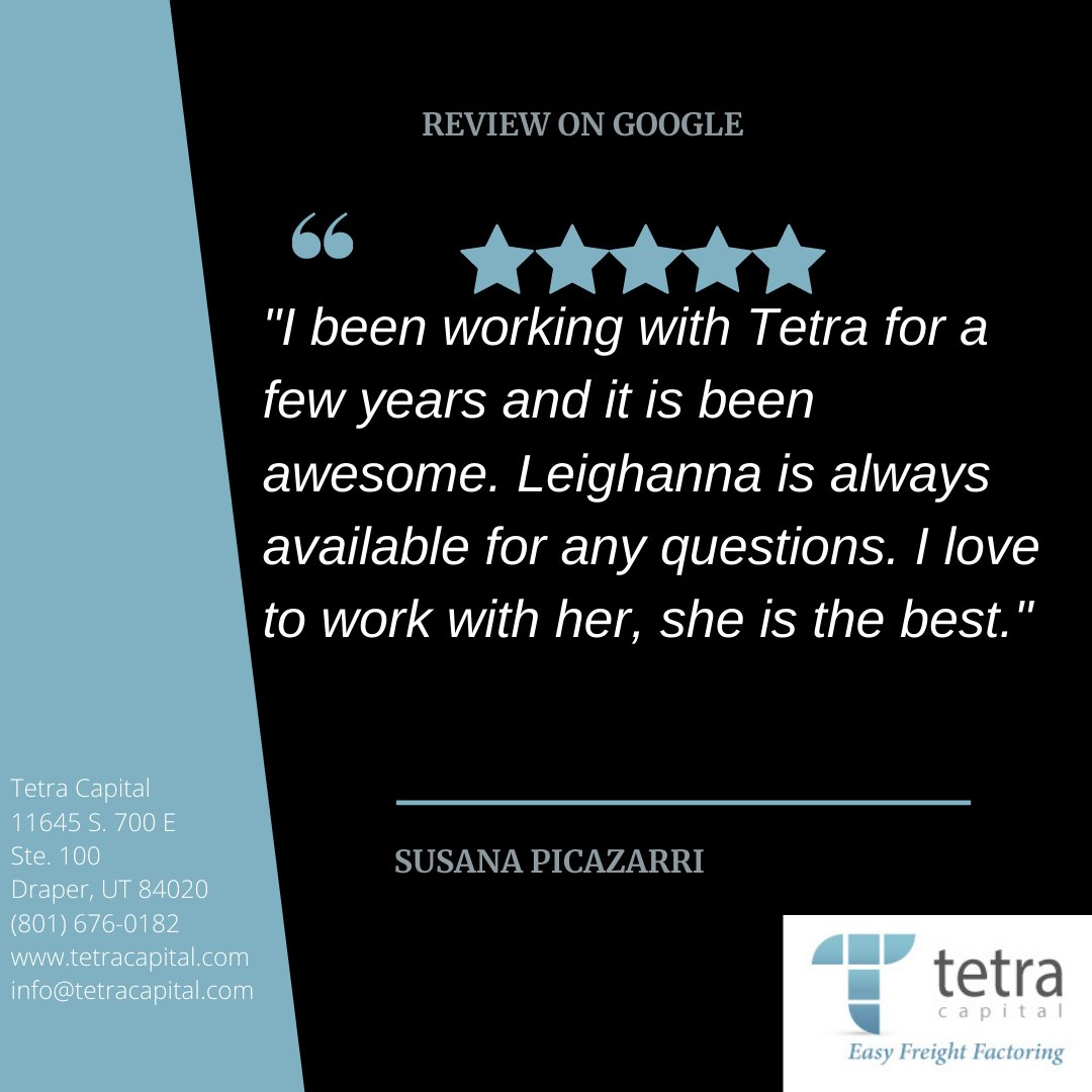 TetraCapital's tweet photo. Thank you Susana for your 5 star review. Leighanna loves working with you as well! 

Call us at (801) 676-0182 if we can help your trucking company like we have been able to help Susana. https://t.co/TPcPPvNzPo

#TruckingFactoring #Trucking #OwnerOperators https://t.co/rKC9KzgbMD