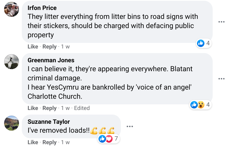 3.  @YesCymru StickersOh they hate those stickers so much! They can't work out how there's so many of them, in so many places. Apparently they've got it figured out though,  @charlottechurch is funding it with dark money 