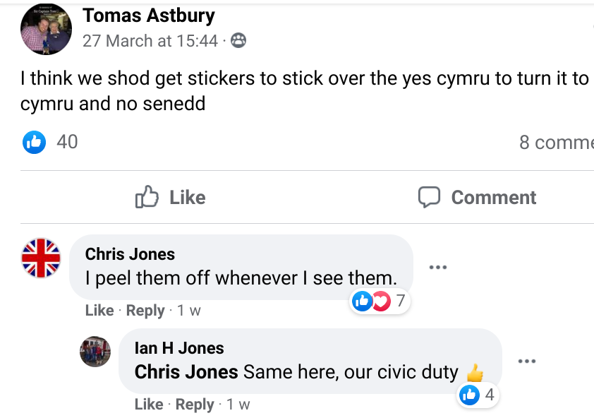 3.  @YesCymru StickersOh they hate those stickers so much! They can't work out how there's so many of them, in so many places. Apparently they've got it figured out though,  @charlottechurch is funding it with dark money 