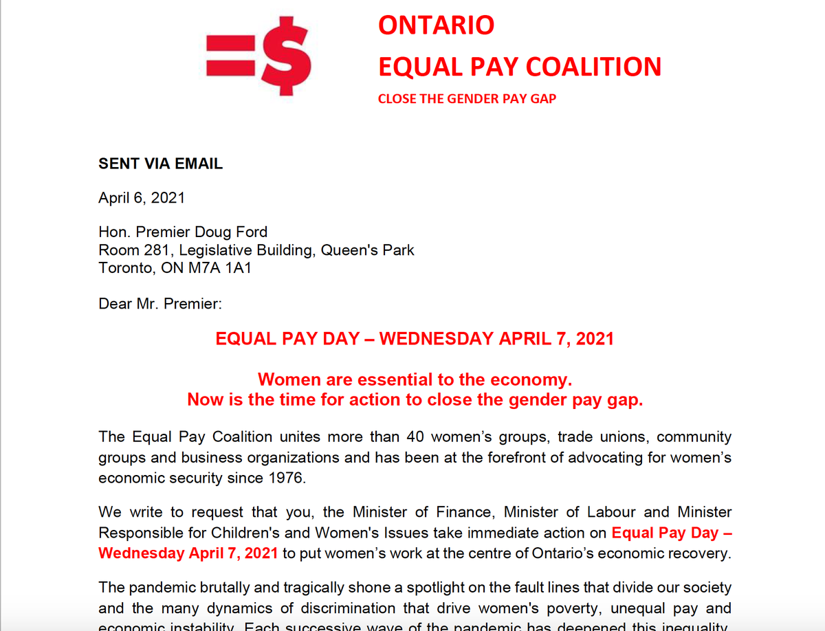 April 7th is #EqualPayDay in ON. Read the open letter from @EqualPayON to Premier Ford requesting concrete action to address the gendered impact of the COVID19 pandemic. cutt.ly/equalpayday It’s time to #DemandBetter because equality is #AlwaysEssential. #bpwontario #onpoli