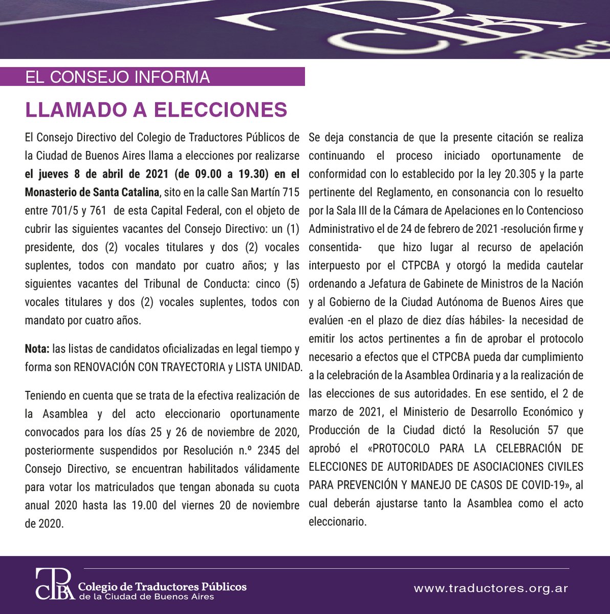CITACIÓN A ASAMBLEA GENERAL ORDINARIA y PROTOCOLO PARA LOS ELECTORES