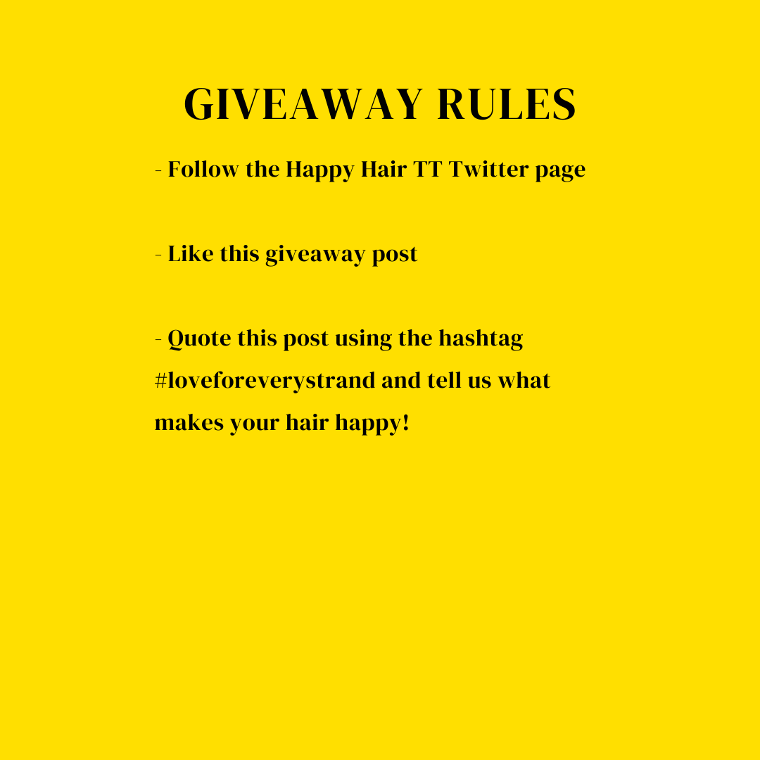 HappyHairTT's tweet photo. Happy Hair TT presents our very first 🥳GIVEAWAY!!!🥳 One lucky follower will win!!!

The rules are simple
1. Follow the Happy Hair TT Twitter page
2. Like this giveaway post
3. Quote this post using the hashtag #loveforeverystrand and tell us what makes your hair happy https://t.co/tC7YIP947X