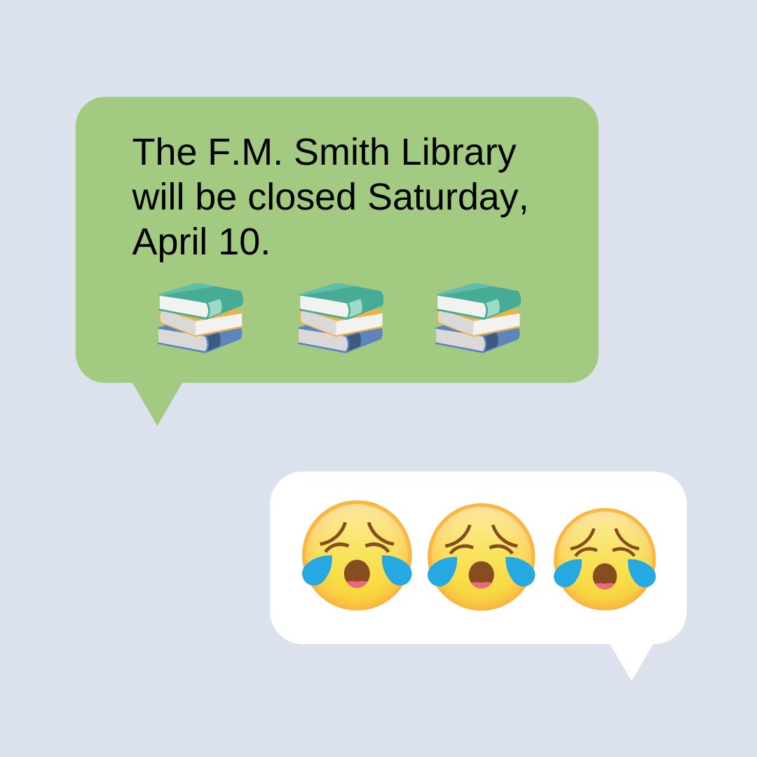 GU_Libraries's tweet photo. The F.M. Smith Library will be closed this Saturday, April 10.  Our electronic resources will be available online as usual, and we will reopen on Sunday. https://t.co/IVWTlNVRR6