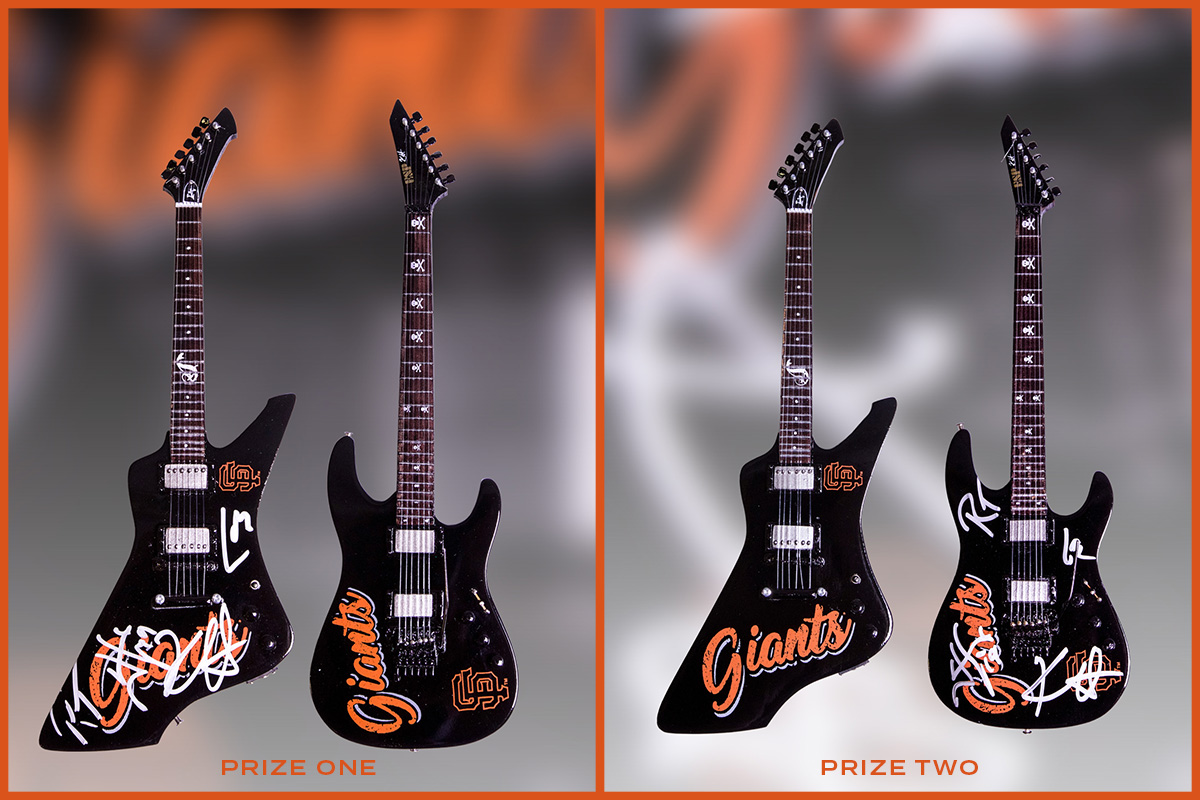 AWMHFoundation's tweet photo. The auctions continue! Bid on these @SFGiants themed mini guitar statues, replicas of ones played by #JamesHetfield &amp; @KirkHammett! 2 bidders will win, each receiving 1 mini guitar signed by @Metallica! Proceeds benefit #AWMH. Bid at https://t.co/wtwTLHIeIW. #MetallicaGivesBack https://t.co/yDeGe2fIgg