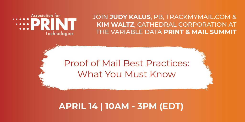 Learn how mailers can benefit from scan events to:
🤝 Meet regulatory requirements
💯 Provide accurate accountability at the recipient level
📉 Reduce the cost of compliance

RSVP for <a href="/APT_tech/">Association for PRINT Technologies</a>'s FREE Variable Data Print &amp; Mail Summit on April 14th: ow.ly/VYF950Ei8CG