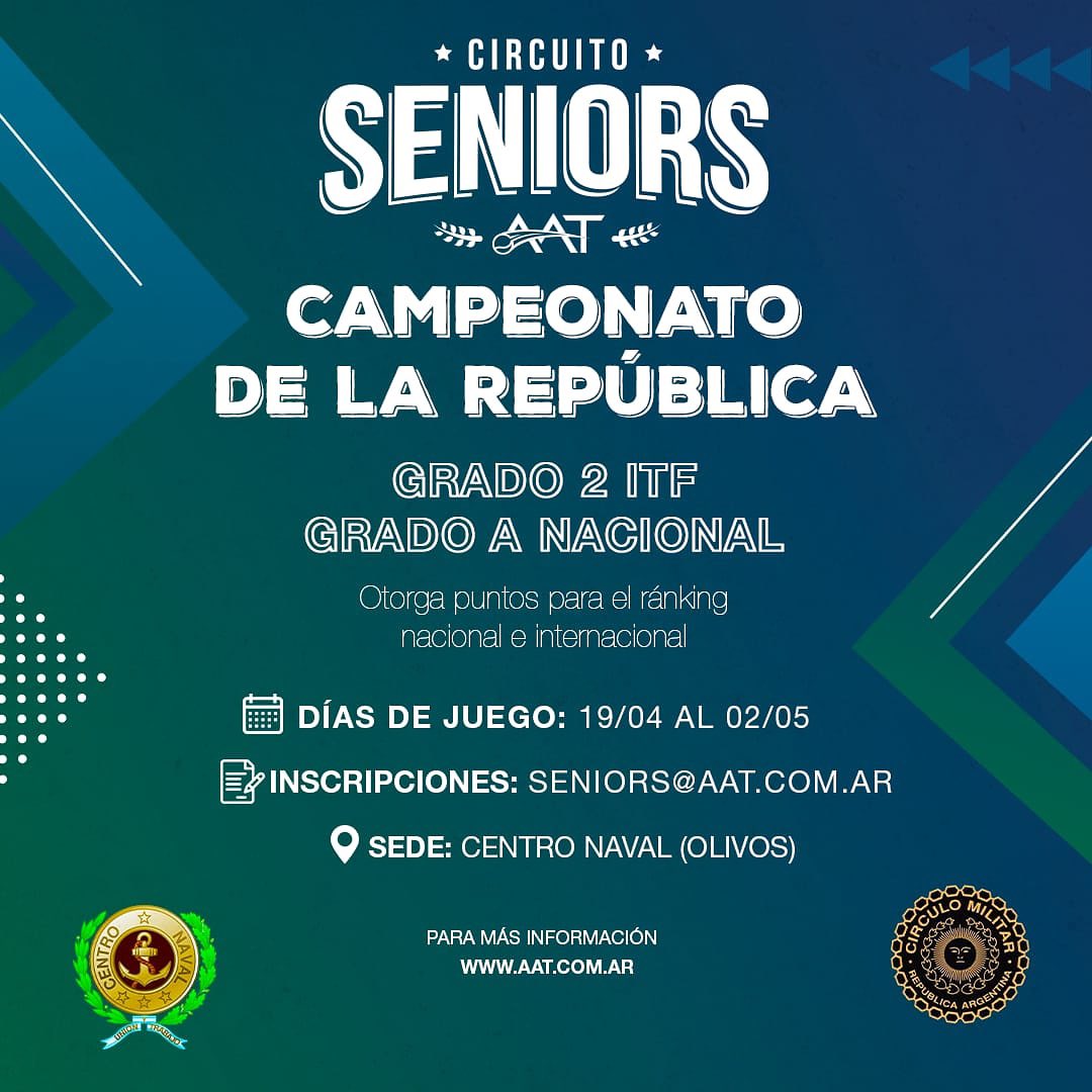 AATenis's tweet photo. ¡Se viene el Campeonato de la República! 🙌
🎾ITF Grado 2 y Grado A Nacional
🗓️ Desde el 19/4 al 02/05
🗒️ Inscripciones hasta el domingo 11/4 en seniors@aat.com.ar
📍 @CentroNavalArg y @CirculoMilitarA
😷 #ProtocoloAAT #SeniorsAAT https://t.co/XJe1UHRVS5