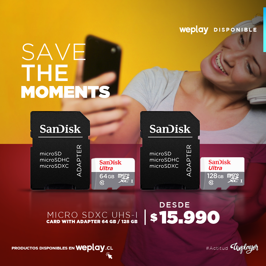 weplaystore_cl's tweet photo. ¡AUMENTA TU ALMACENAMIENTO Y OBTÉN TODO EL ESPACIO QUE NECESITAS CON ESTAS TARJETAS #SANDISK MICRO #SDXC #UHSICARD #WITHADAPTERT 128 Y 64 GB! 😎Compatibles con dispositivos host compatibles con #microSDHC y #microSDXC 🙌 Disponible en web ➡https://t.co/BsEAIg15kD ⬅ #WeplayStore https://t.co/0Ur5zy7oPp