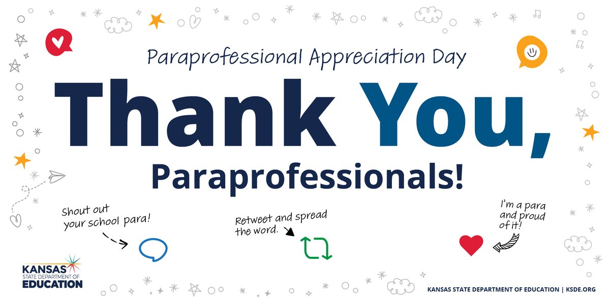 ksdehq's tweet photo. Today we celebrate paraprofessionals in Kansas.

To all the paraprofessionals around Kansas, thank you for your commitment to the teachers you support and the students you help on their learning path. 

Shout out a para in the replies. Today we celebrate you!

#KansansCan https://t.co/WfNVF5FUEV
