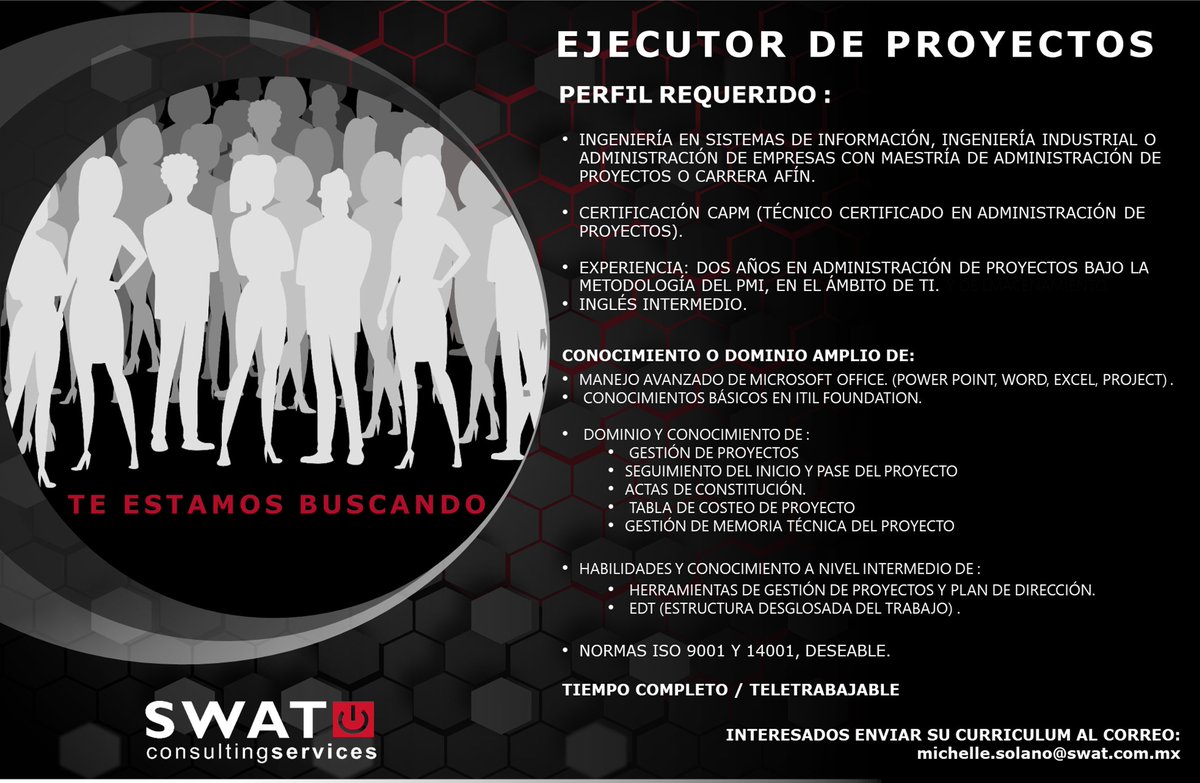 SWATConsulting's tweet photo. TE ESTAMOS BUSCANDO !!
YA NO EXISTEN FRONTERAS ...
PUEDES APLICAR DESDE CUALQUIER PARTE DEL MUNDO!

INTERESADOS ENVIAR SU HOJA DE VIDA AL CORREO:
michelle.solano@swat.com.mx

#swatteam #swatlatam #teletrabajo #oportunidadlaboral #proyectos #projectmanager #experto #pmp https://t.co/m7j84IUeDM