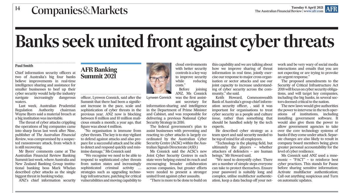 LynwenConnick's tweet photo. Banks seek united front against #cyberthreats - ⁦@ANZ_AU⁩ uses a mnemonic “PACT” to reinforce best #cyber practices. This stands for Pause before sharing sensitive information; Activate multifactor authentication; Call out anything suspicious and Turn on automatic updates https://t.co/jdYRct01LL