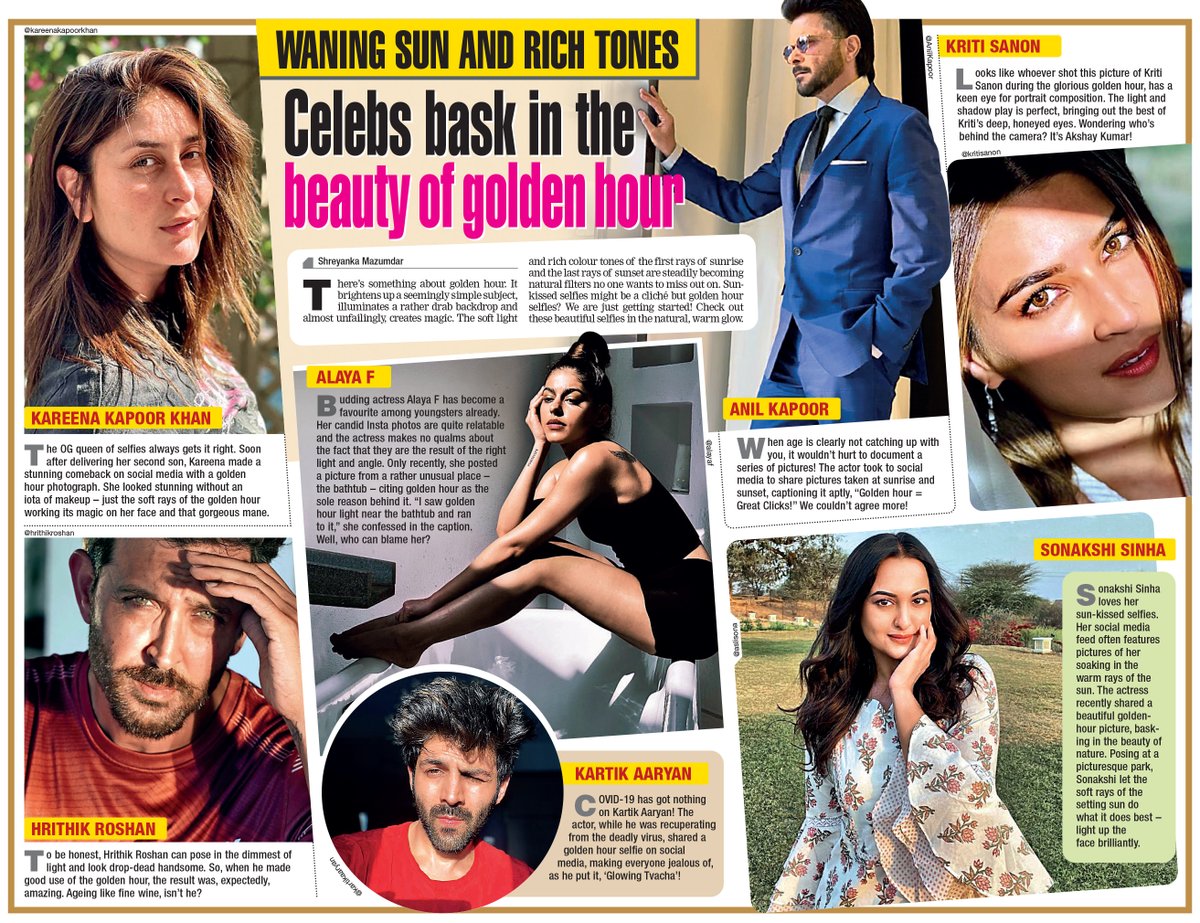 Calcutta_Times's tweet photo. In the edition today 🗞 

Celebs bask in the beauty of golden hour!

@iHrithik @AnilKapoor @kritisanon @TheAaryanKartik #sonakshisinha #alayaf #KareenaKapoorKhan @mimichakraborty https://t.co/grphRuAk8I