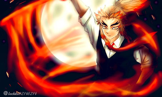 ブチ子さんがTwitterに投稿した煉獄杏寿郎(鬼滅の刃)のイラスト。