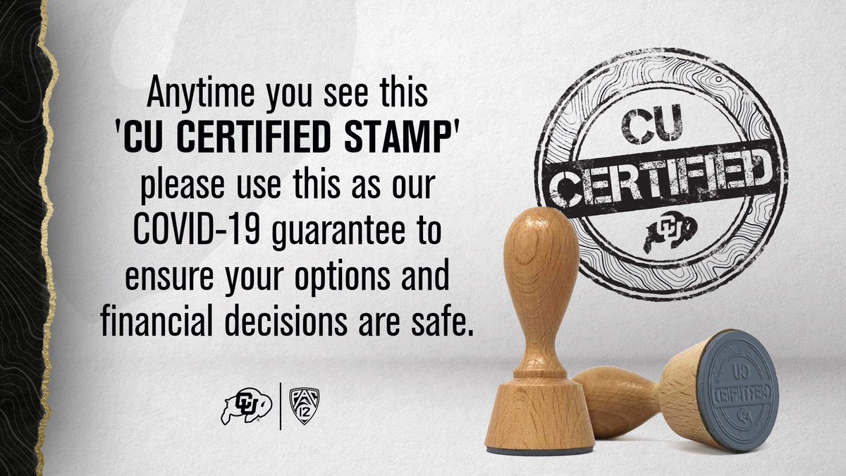 cubuffstickets's tweet photo. Attention @CUBuffs fans! We want to offer you peace of mind. Anytime you see this stamp you can rest knowing that your money is guaranteed should there be any changes due to COVID. We are looking forward to seeing you all in the Fall! #GoBuffs #CUCertified https://t.co/1S1JjNpwSf