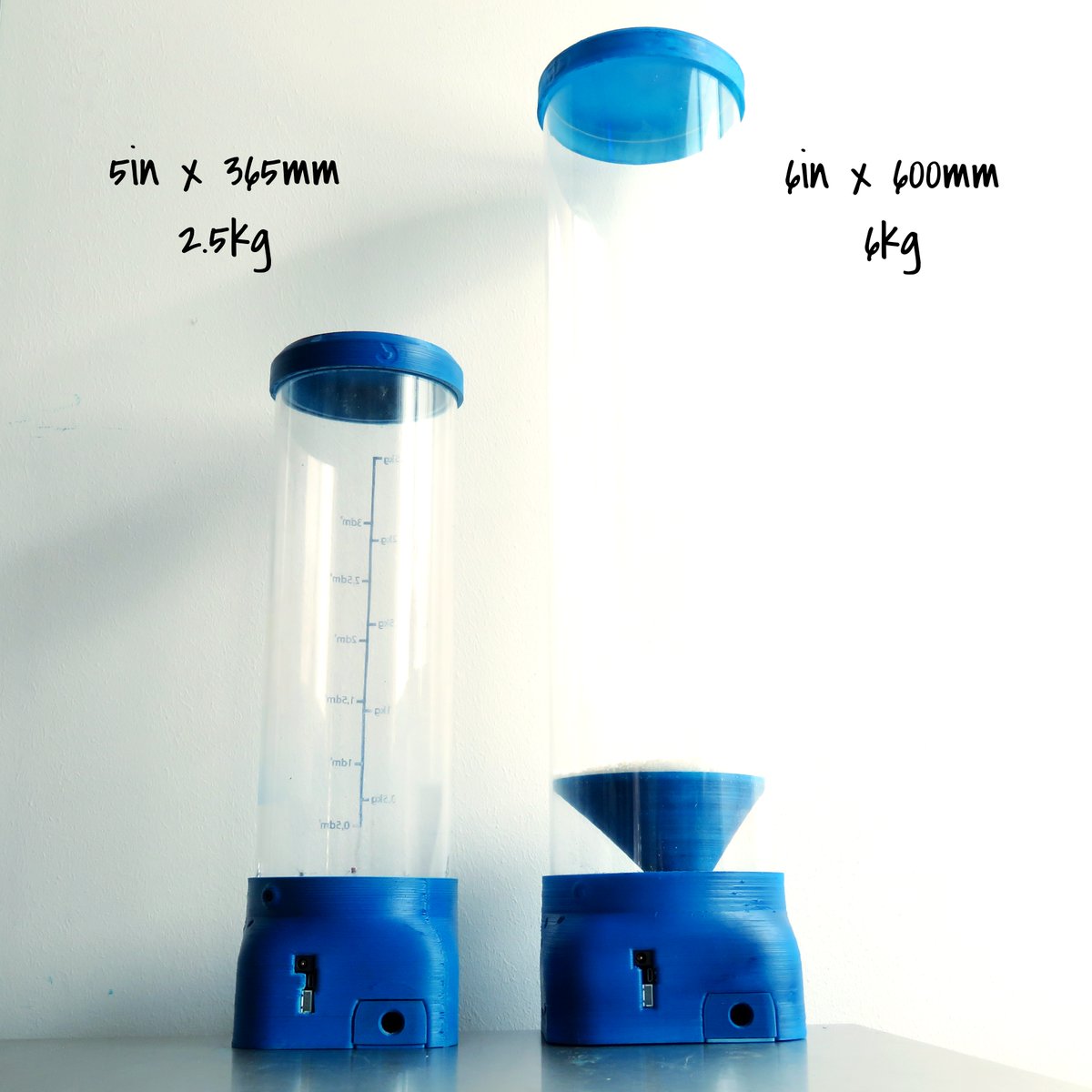 Customize 🛠️ the feedstock capacity of your dispenser
---
If you go CORE or DIY kit you can choose between 3 different diameters, 5, 6in and 155mm (OD). Find out stock availability in your area and select the right STL.
---
🕔 Longer print sessions = ☝🏻 Larger feedstock capacity