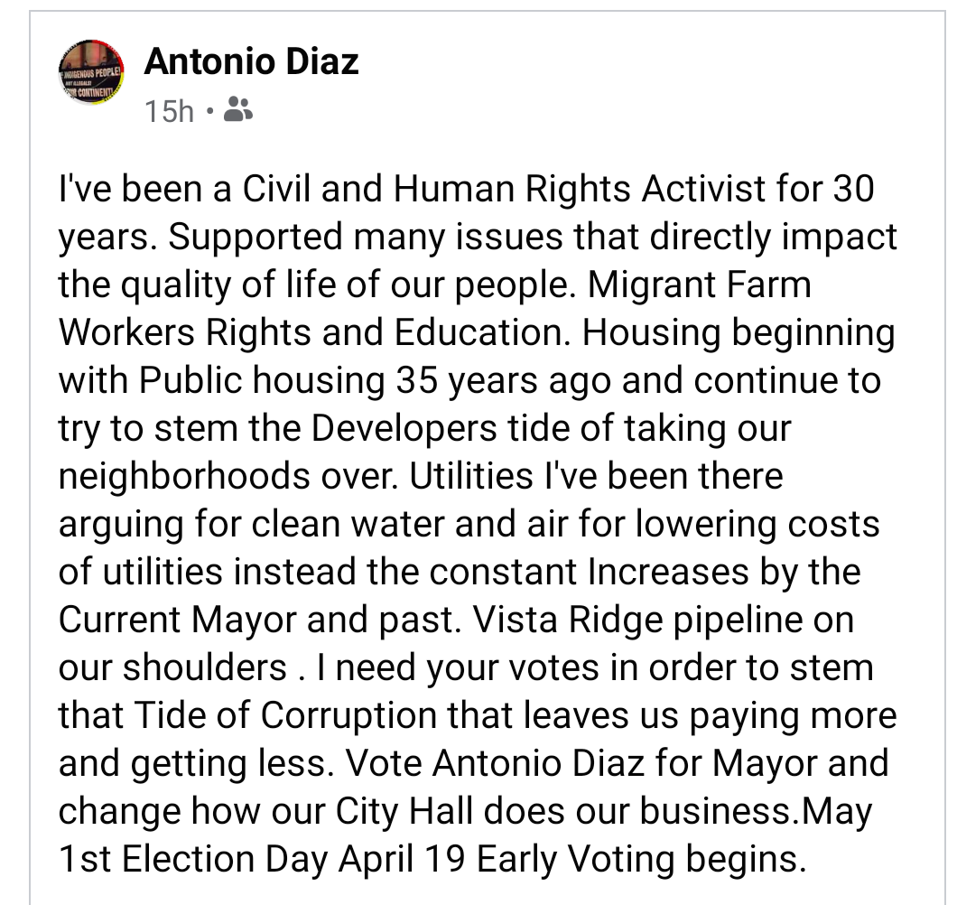 LostMapleNM's tweet photo. Statement by Antonio @DiazForMayor, whom I support for Mayor of #SanAntonio, on #affordablehousing, our water supply, and endemic corruption:  https://t.co/cIFy6oVdve 🗳 #SAmayor #SanAnto
#SATX @BexarGreensTX #publicutilities https://t.co/XJmyB1chAY