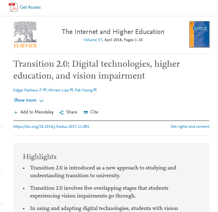 edgarpachecob1's tweet image. This time three years ago my article about digital technologies, transition to higher education, and vision impairment was published in the high-impact journal The Internet and Higher Education.
Preprint available here: osf.io/c738v/