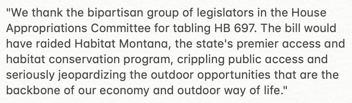 wildmontana's tweet photo. The following is a statement from State Policy Director Noah Marion about today's vote on Montana House Bill 697, which would have funneled away hunting license dollars to pay farmers for wildlife damage to crops. #mtleg #hb697 https://t.co/el4H0HrBJP
