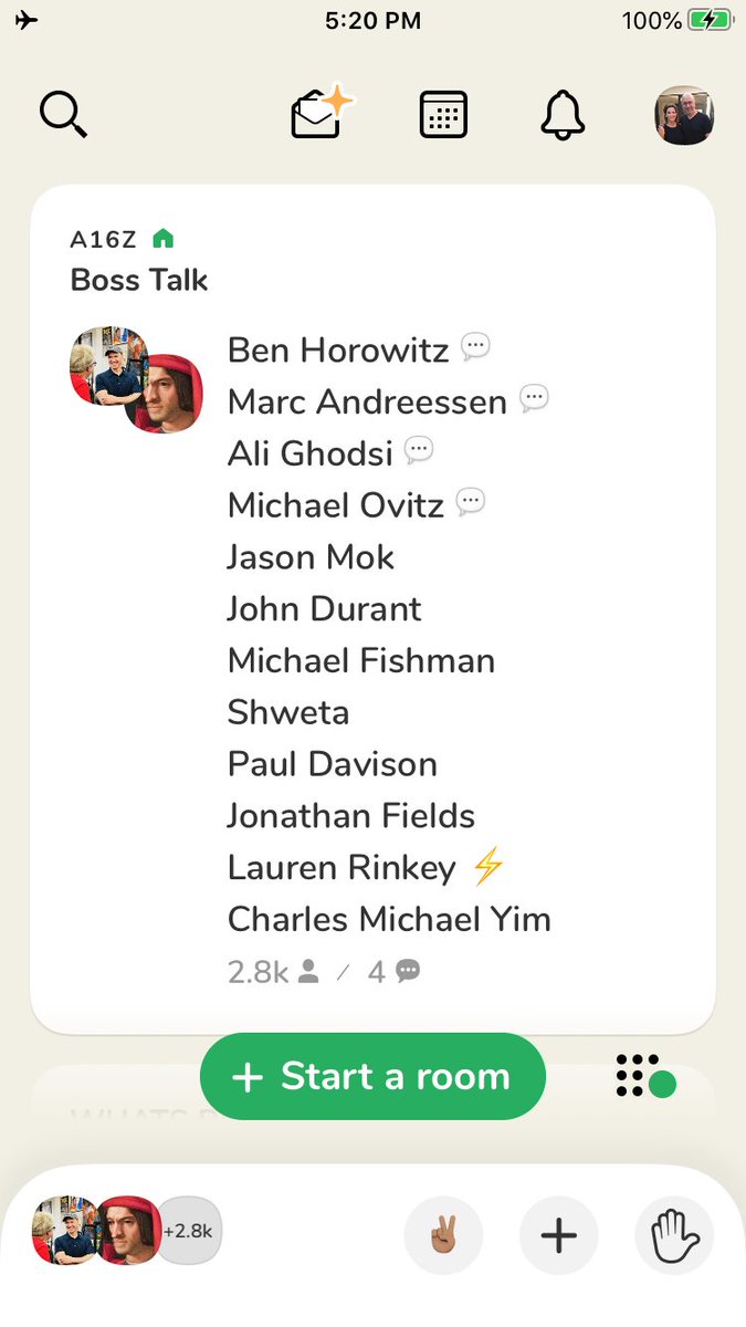 In CH with an indescribable hall of fame: <a href="/bhorowitz/">benahorowitz.eth</a> <a href="/pmarca/">Marc Andreessen 🇺🇸</a> <a href="/alighodsi/">Ali Ghodsi</a> <a href="/MichaelOvitz/">Michael Ovitz</a> <a href="/jasonmok/">Jason Mok 💳</a> <a href="/johndurant/">John Durant</a> <a href="/pdavison/">Paul Davison</a> <a href="/jonathanfields/">Jonathan Fields (he/him)</a> <a href="/LaurenRinkey/">Lauren Rinkey</a> <a href="/charlesmyim/">Charles Michael Yim</a> 
A bit torn to visit next door: <a href="/francescagino/">Francesca Gino</a> <a href="/KatColeATL/">Kat Cole</a> @AmyKStanton :)