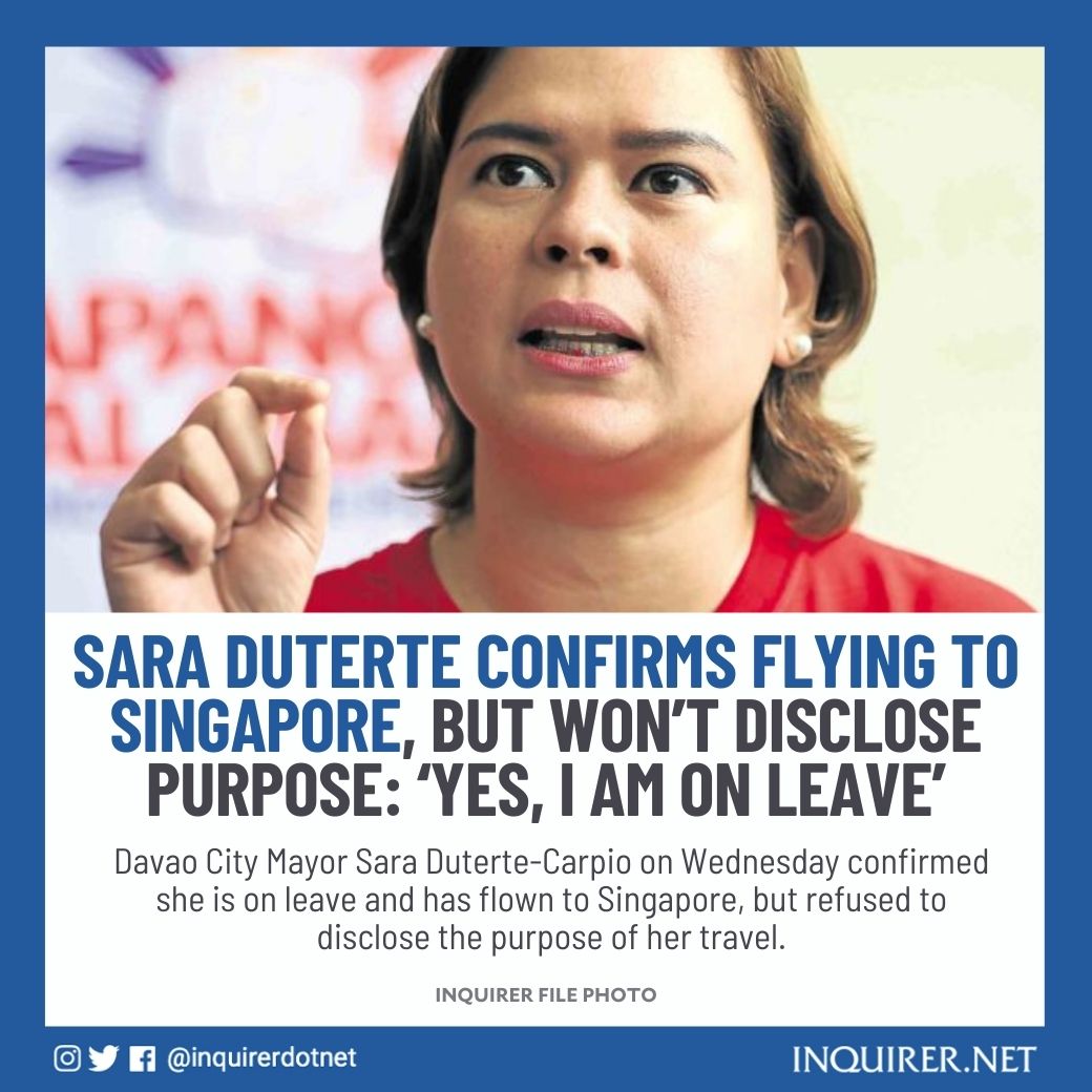 inquirerdotnet's tweet photo. “Yes. I am on leave and I have a travel authority from DILG,” Duterte-Carpio told https://t.co/EDjVS4ZpUM, although she did not detail how long her leave was. https://t.co/2tt2ufuj06 https://t.co/AfOnr7mN1B