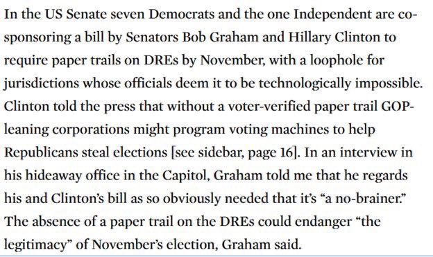 72/ In 2004, Hillary warned that paperless voting machines could enable Republican-leaning vendors to steal elections.  https://www.thenation.com/article/archive/how-they-could-steal-election-time/