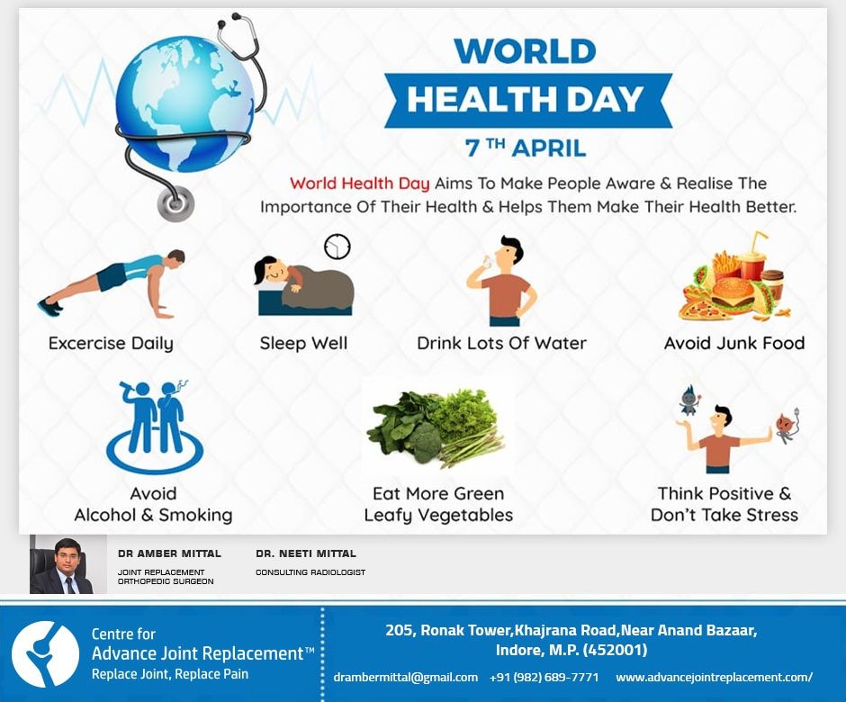 DrAmberMittal1's tweet photo. Prevention is better than cure! Promise yourself to take care of your health on World Health Day 2021. #worldhealthday2021

Dr. Amber Mittal's
Centre for Advance Joint Replacement
https://t.co/qbA84OIngw https://t.co/xHCOwj73xp