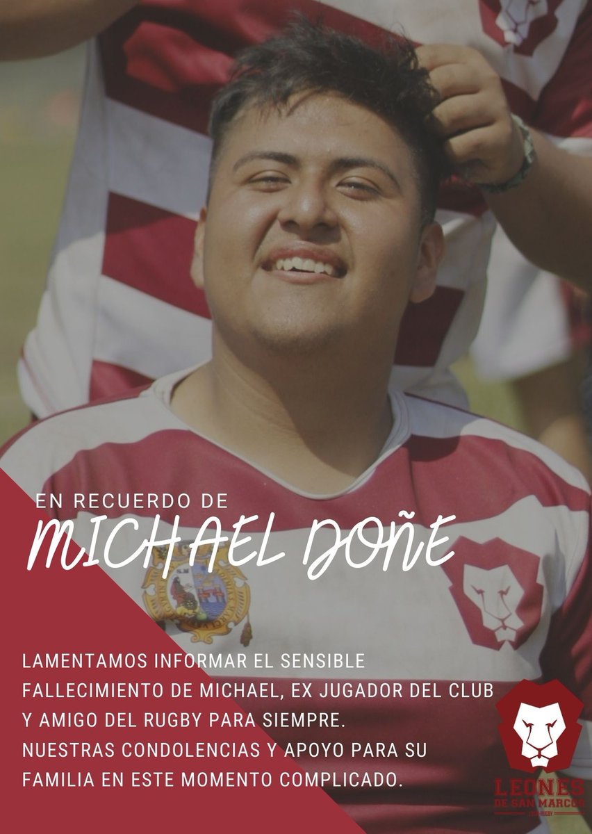 Leones_USM's tweet photo. Nuestras condolencias con Michael y su familia, tenemos varios gratos recuerdos compartidos con él. Un abrazo de try eterno.

#LeonesdeSanMarcos #Rugby https://t.co/ivBo94PJ04