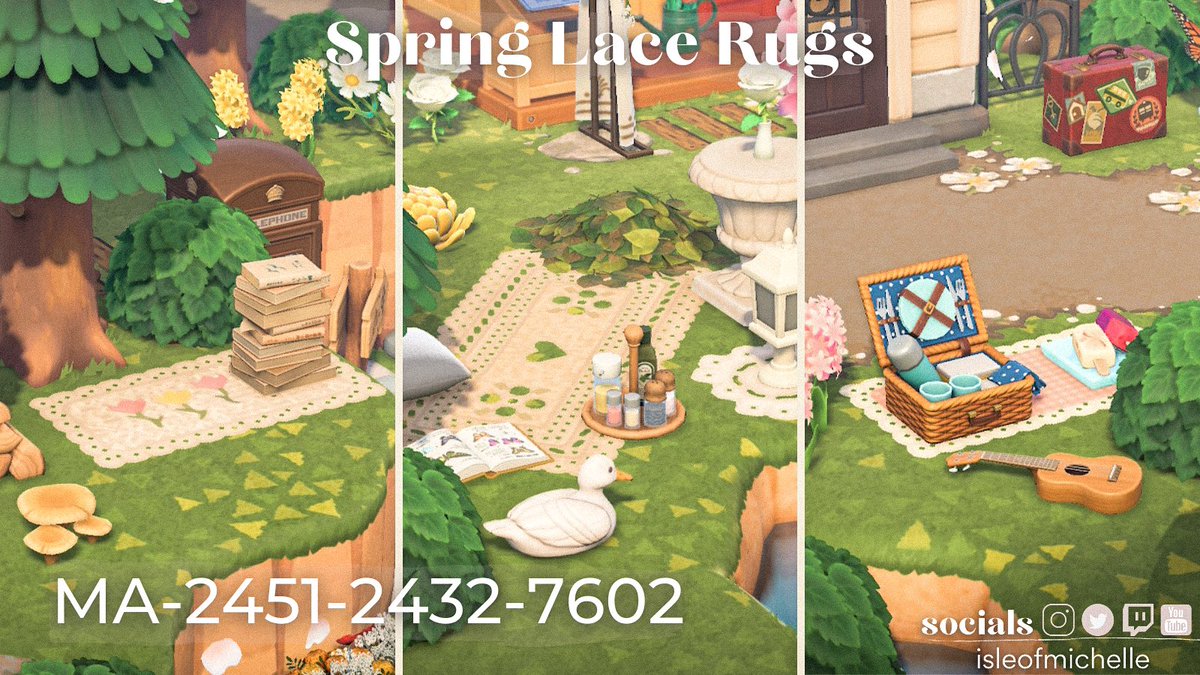 isleofmichelle's tweet photo. 🌷 Spring Lace Rugs 🌿 
Uploaded some new lace custom designs for you all! Download using my creator code: MA-2451-2432-7602 🌷 #ACNHPatterns #ACNHDesigns https://t.co/oHSvZIXW0O