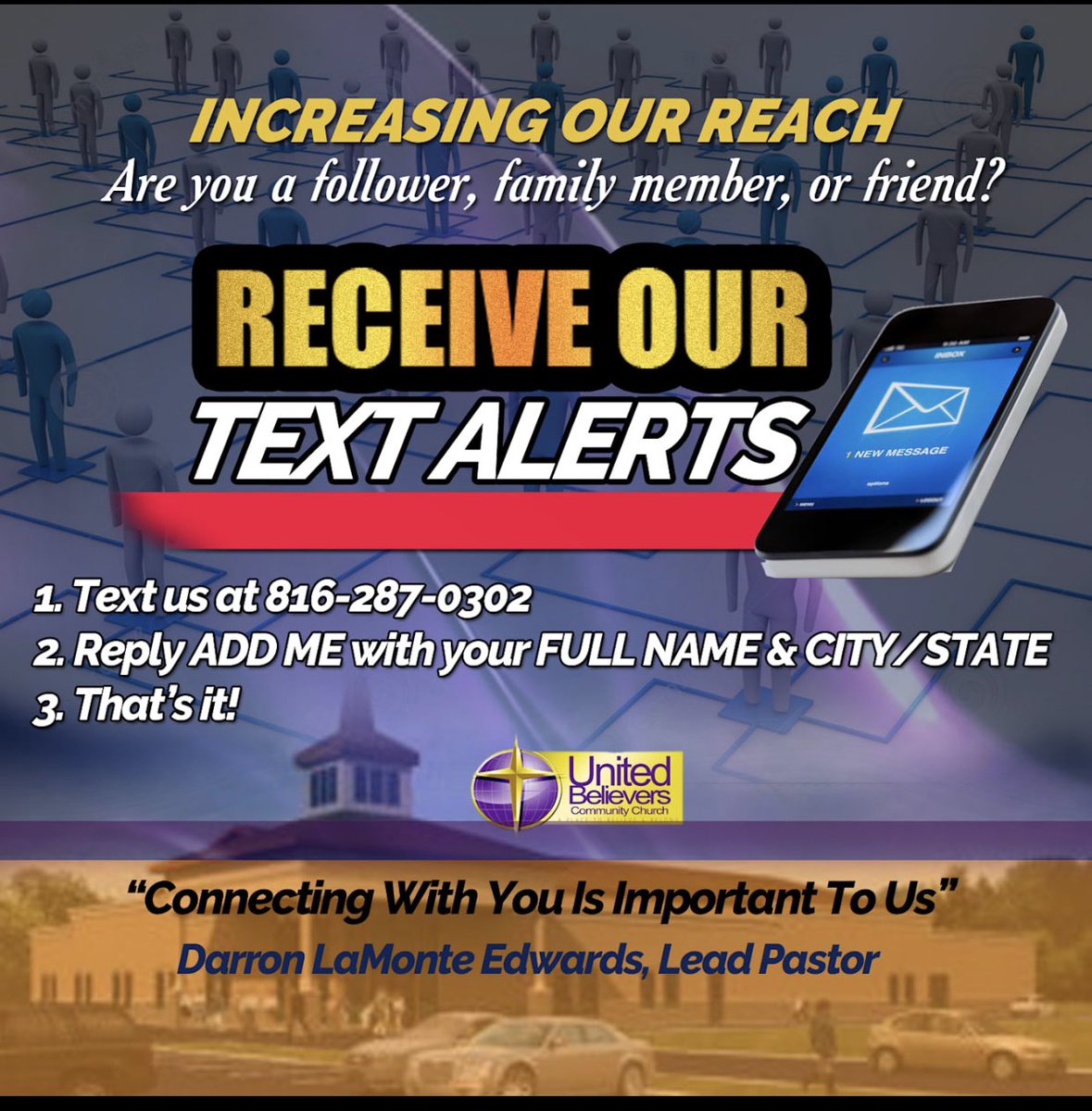 UBCCKCMO's tweet photo. STAY CONNECTED! This is about the KINGDOM...you don’t have to live in KANSAS CITY!
Get updates, checkups, and what’s ups from the church and our Pastor! #textmessagemarketing #textblast #textministry https://t.co/uZAdJTdKzP