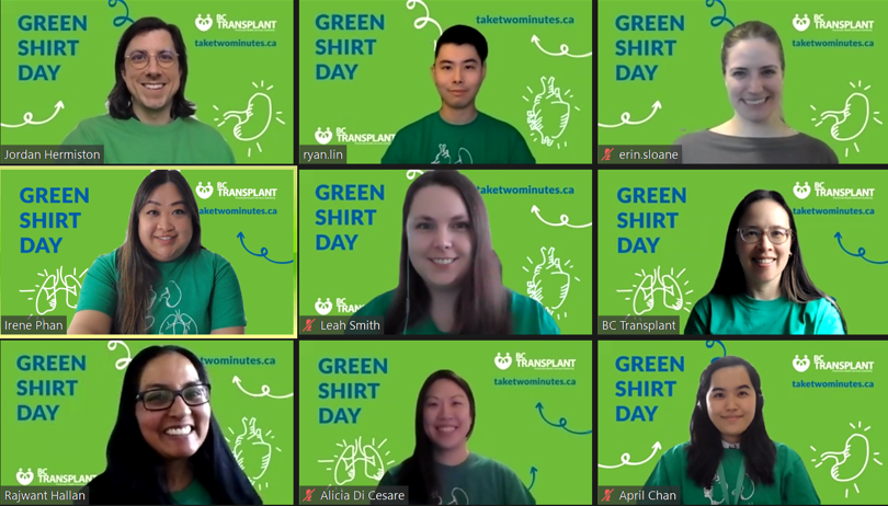 BC_Transplant's tweet photo. Our BC Transplant staff  are “Zoom background ready” for all of our virtual meet-ups tomorrow in support of @GreenShirtDay. 

Visit the #GreenShirtDay section of our website to download backgrounds for your virtual meetings tomorrow (and all month!).  https://t.co/vGc6CzjqMt https://t.co/w5Fn61u7U7