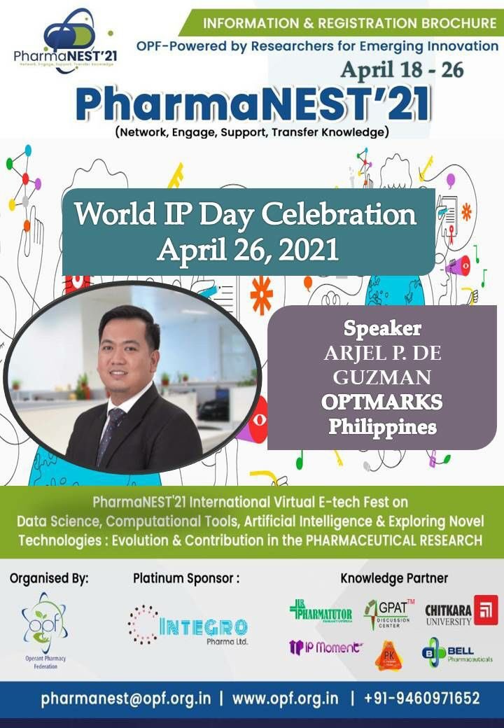 optmarks's tweet photo. OPTMARKS’ Arjel de Guzman will participate as one of the speakers for PharmaNEST‘21. The #webinar will be held on 26 April 2021, aptly coinciding with #WorldIPDay.

Visit https://t.co/VtixzM1RS9 to join or know more about PharmaNEST‘21. https://t.co/2goag5OP3J