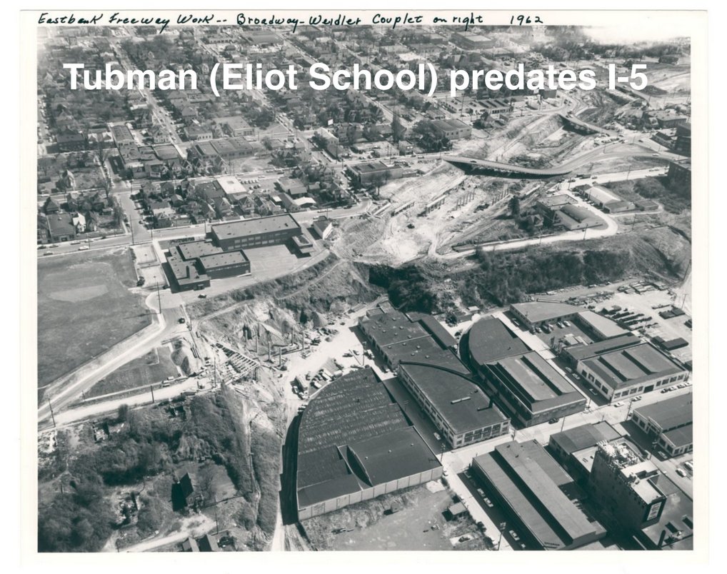 the Middle School was there first. ODOT decimated the neighborhood with a freeway.Now they want to widen the freeway - to the detriment of the (60% nonwhite) students, for the benefit of exurban commuters. but here have some 22 foot walls!