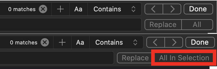 MuseumShuffle's tweet photo. TIL that in Xcode's "Find and Replace" section if you hold down the option key "Replace All" will change to "Replace All In Selection". https://t.co/SrPDoYWTEg