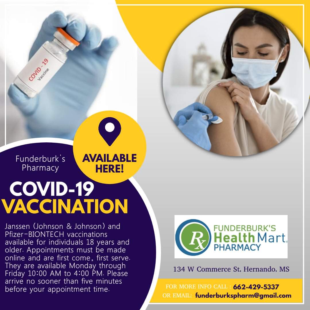 Funderburk's Pharmacy has COVID-19 vaccines! If you have questions, questions email funderburkspharm@gmail.com or call 662-429-5337.

Schedule your Janssen Appointment: 
hipaa.jotform.com/210894135990159
Schedule your Pfizer-BIONTECH Appointment:
hipaa.jotform.com/210908495488166