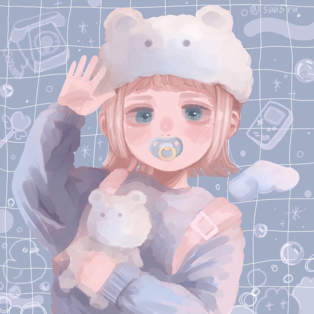 1girl solo bangs looking at viewer pacifier blue eyes short hair  illustration images
