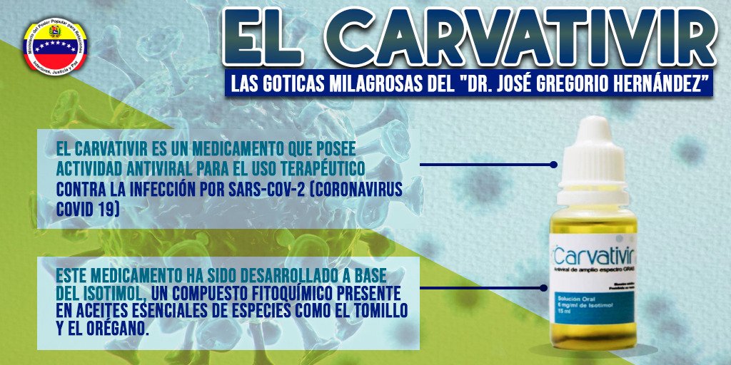 ¿Conoces el Carvativir ? 

Las goticas milagrosas del Dr. José Gregorio Hernández.

El Carvativir es un medicamento que posee actividad antiviral para el uso terapéutico contra la infección del COVID-19.

#MPPRIJP
#ApureEsNuestro