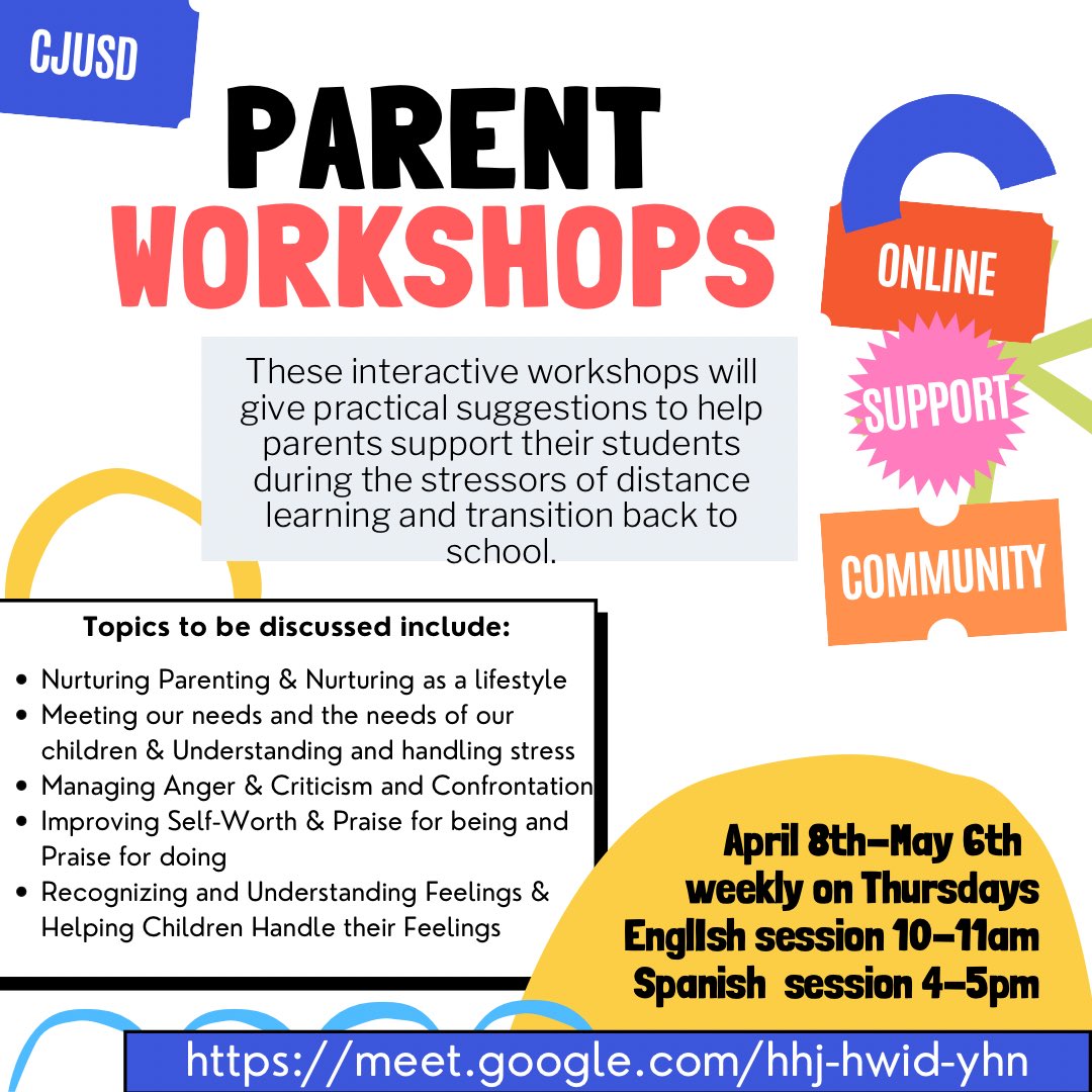 These parent workshops are open to all CJUSD families. They run for 5 weeks on Thursdays in English and Spanish. Please share with our Colton families.